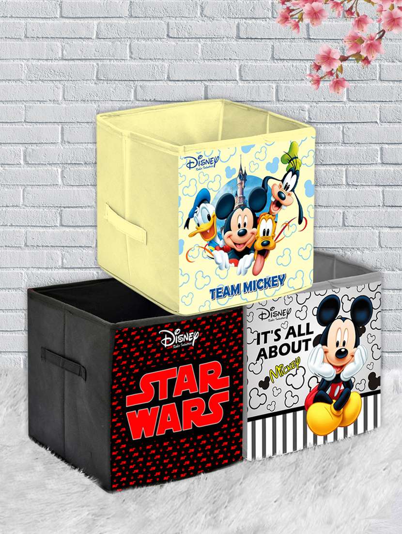 kuber industries disney print  3 pcs foldable storage cube with handle (grey & black & cream)