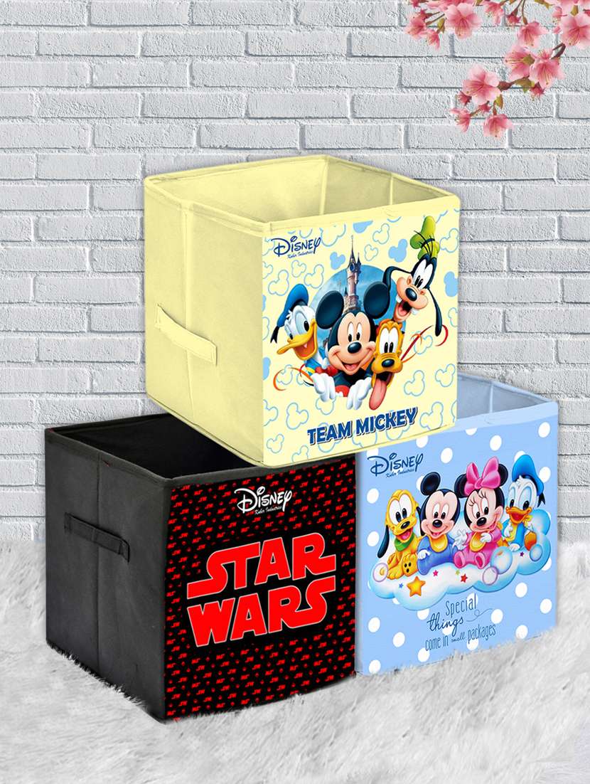 kuber industries disney print  3 pcs foldable storage cube with handle (black & blue & cream)