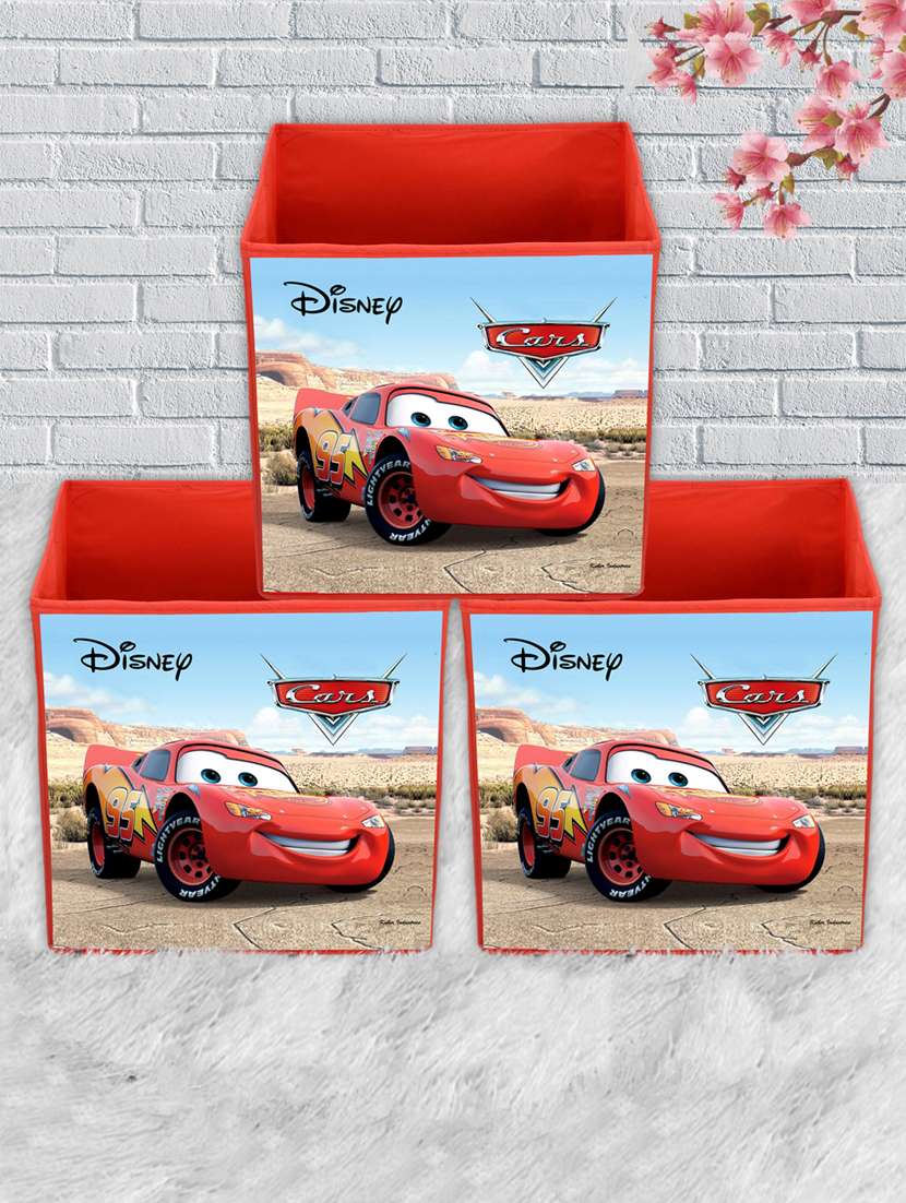 kuber industries disney cars print 3 pcs foldable storage cube storage box with handle (red)
