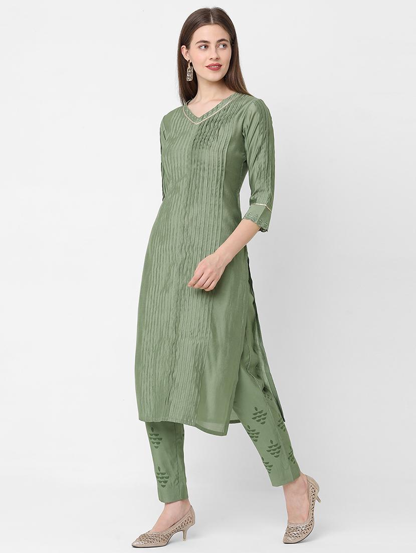 green viscose kurta pant  set - 18189443 -  Standard Image - 1