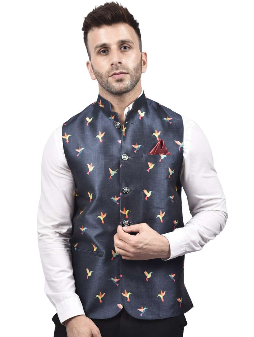 navy-blue printed nehru jacket
