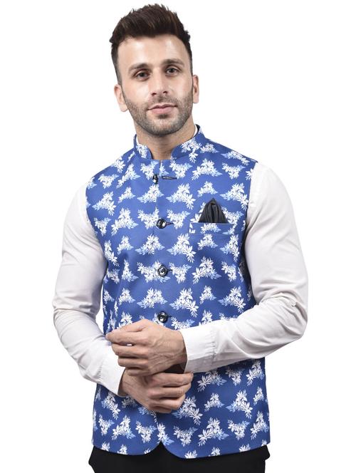 blue printed nehru jacket - 18189867 - Standard Image - 0