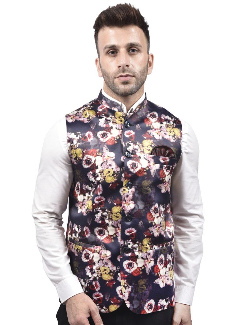 navy-blue printed nehru jacket - 18189874 -  Zoom Image - 0