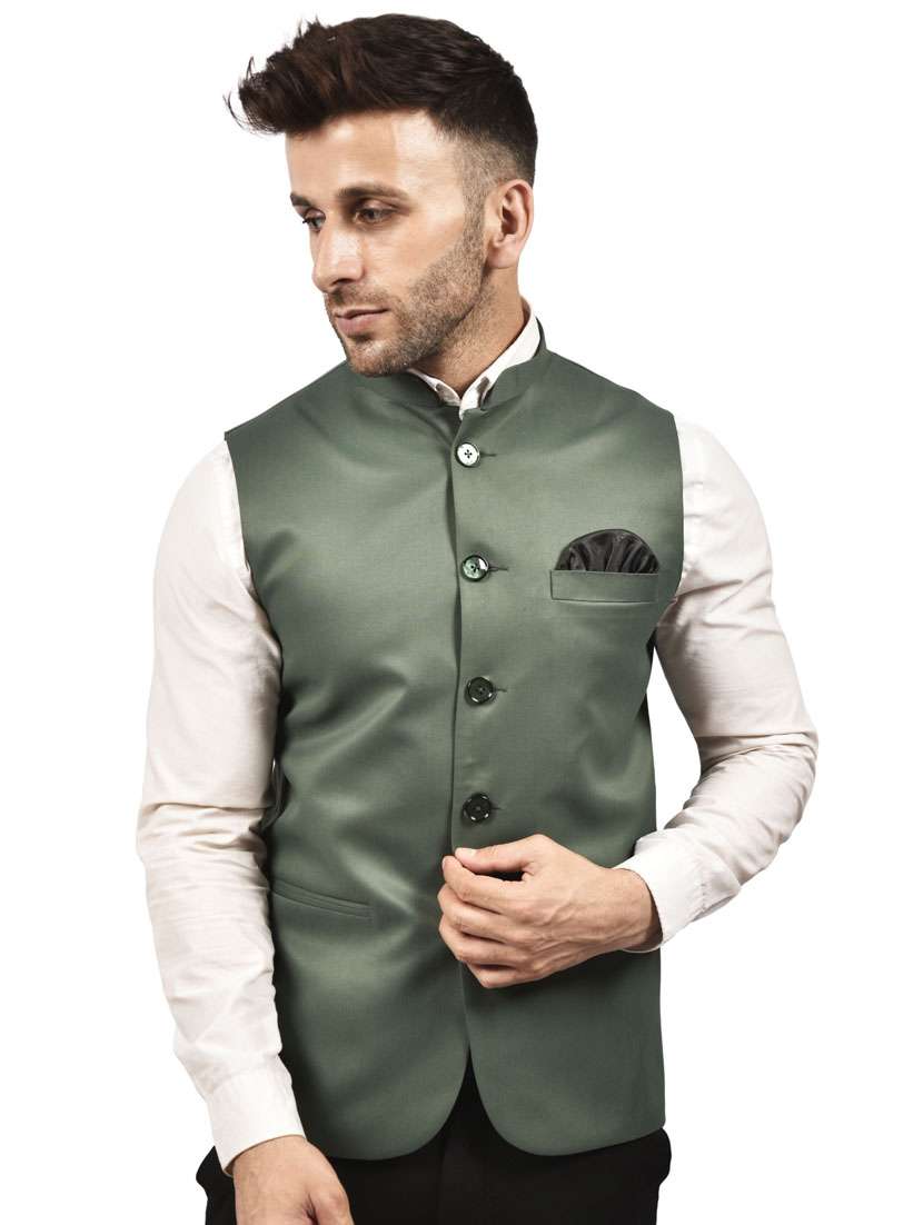 olive-green solid nehru jacket