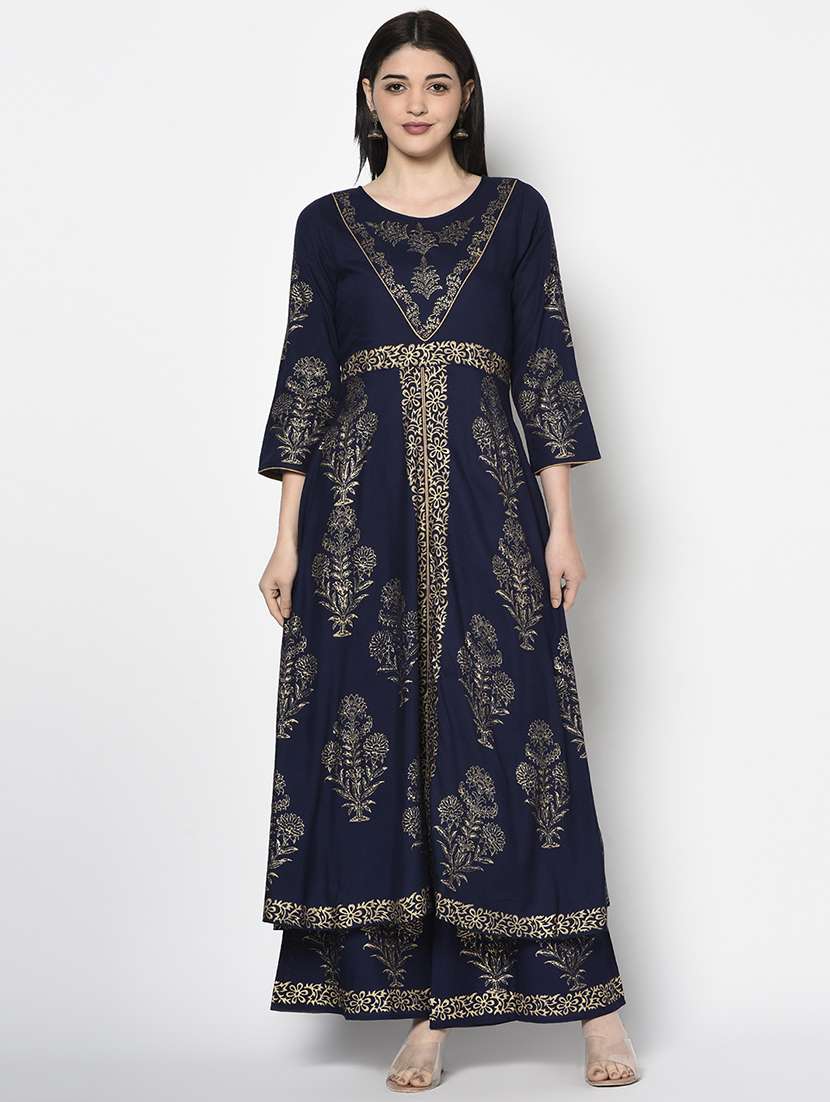 gold print anarkali kurta palazzo set with front slit