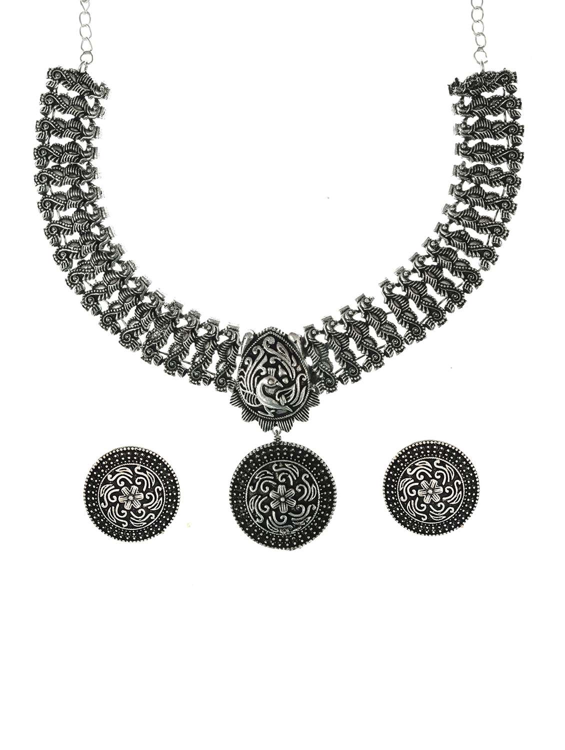 silver oxidized necklace with earring
