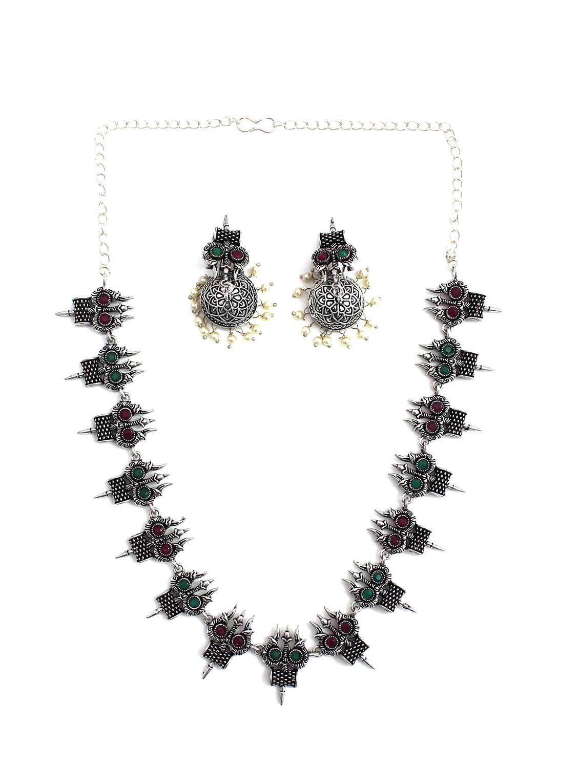 silver oxidized necklace with earring