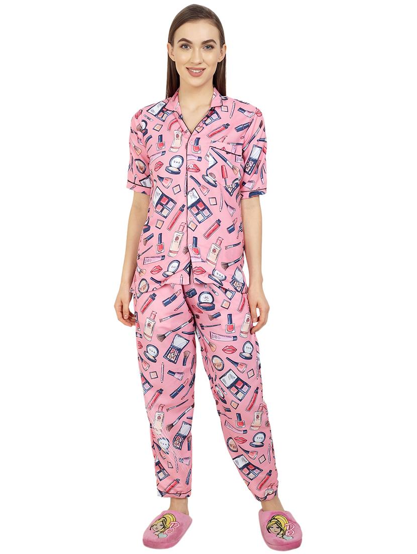 shirt collar printed nightwear pajama set