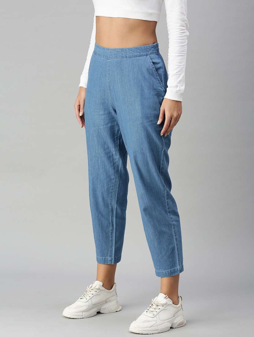 light blue solid straight trouser - 18203016 - Standard Image - 1