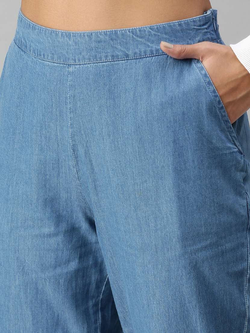 light blue solid straight trouser - 18203016 - Standard Image - 4