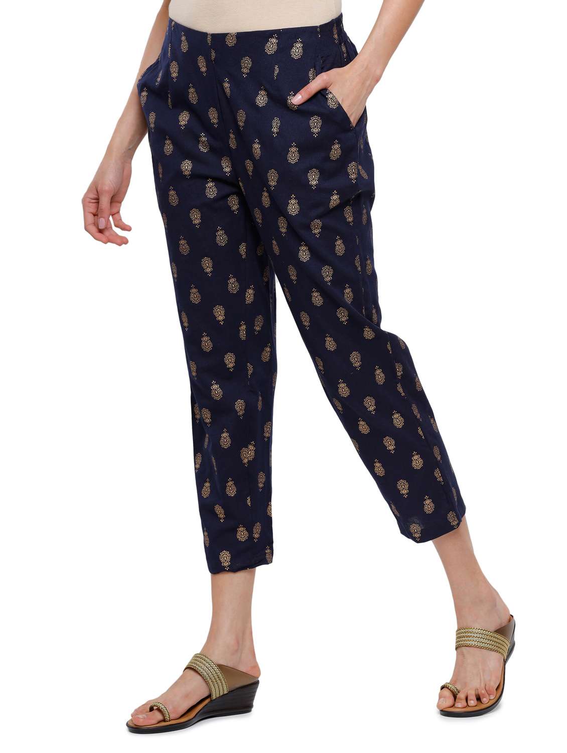 navy blue printed straight trouser - 18203024 -  Standard Image - 1