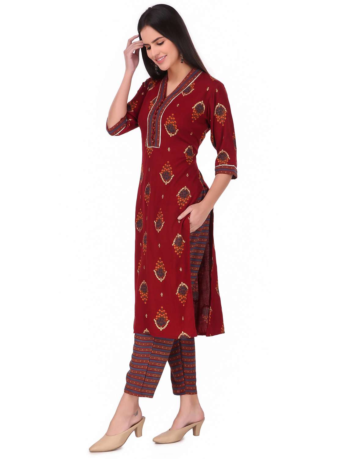 burgundy rayon kurta palazzo  set - 18203680 -  Standard Image - 1