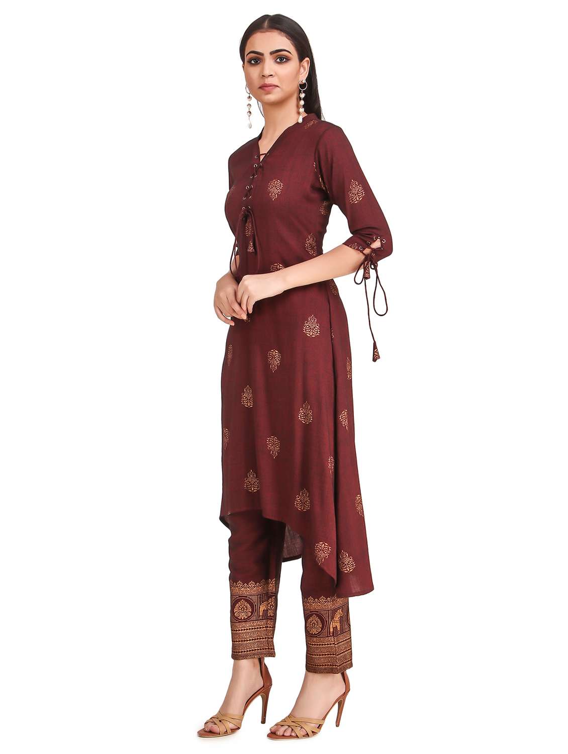 burgundy rayon kurta pant set - 18203686 - Standard Image - 1