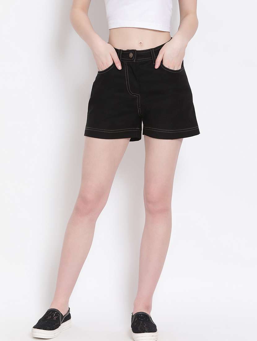 mid rise solid denim short