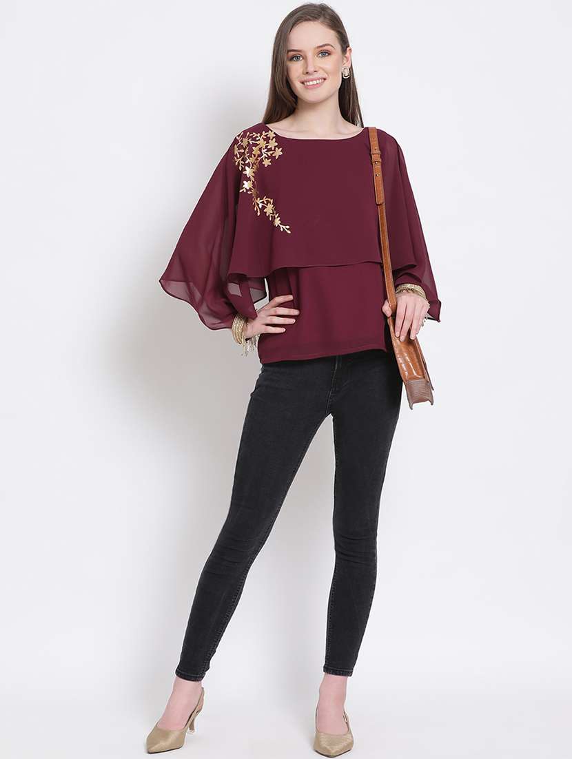 Women Maroon Foil Print Boat Neck Layered Top