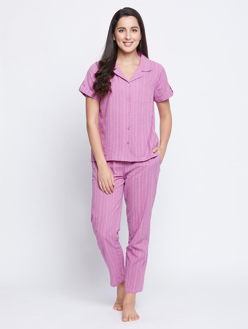 shirt collar printed nightwear pajama set - 18205185 - Zoom Image - 0
