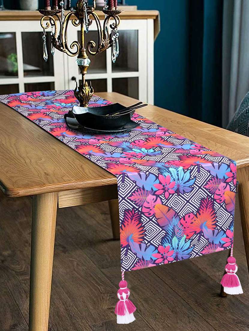 mezposh chintz pink & multi color polycotton botanical digital printed 6 seater table runner with tassels (180x40cm)