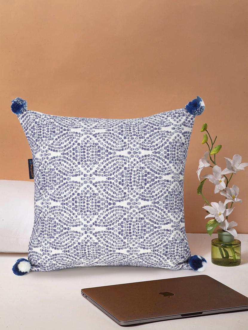 mezposh tribal white & blue color acrylic jacquard abstract square cushion cover (lxw : 16x16 inch) - 18207908 - Zoom Image - 0