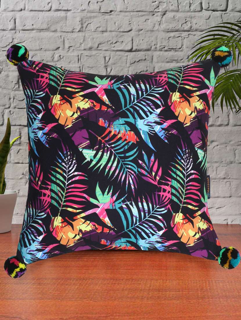 mezposh chintz black & multi color polycotton botanical square cushion cover (lxw : 16x16 inch)