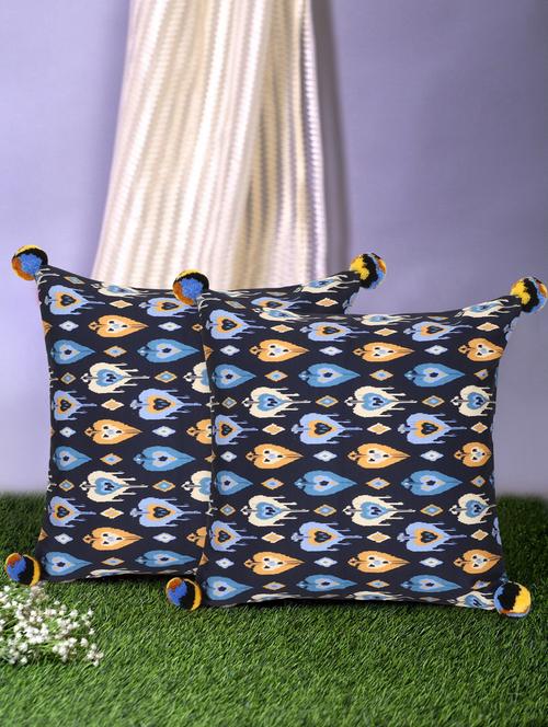 mezposh chintz black & multi color polycotton damask digital printed cushion covers with pom poms (16x16 inch) set of 2 - 18207927 - Standard Image - 0