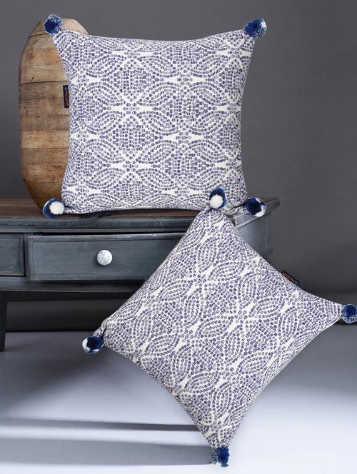 mezposh tribal white & blue color cotton jacquard geometric cushion covers with pom poms (16x16 inch) set of 2 - 18207930 -  Standard Image - 0