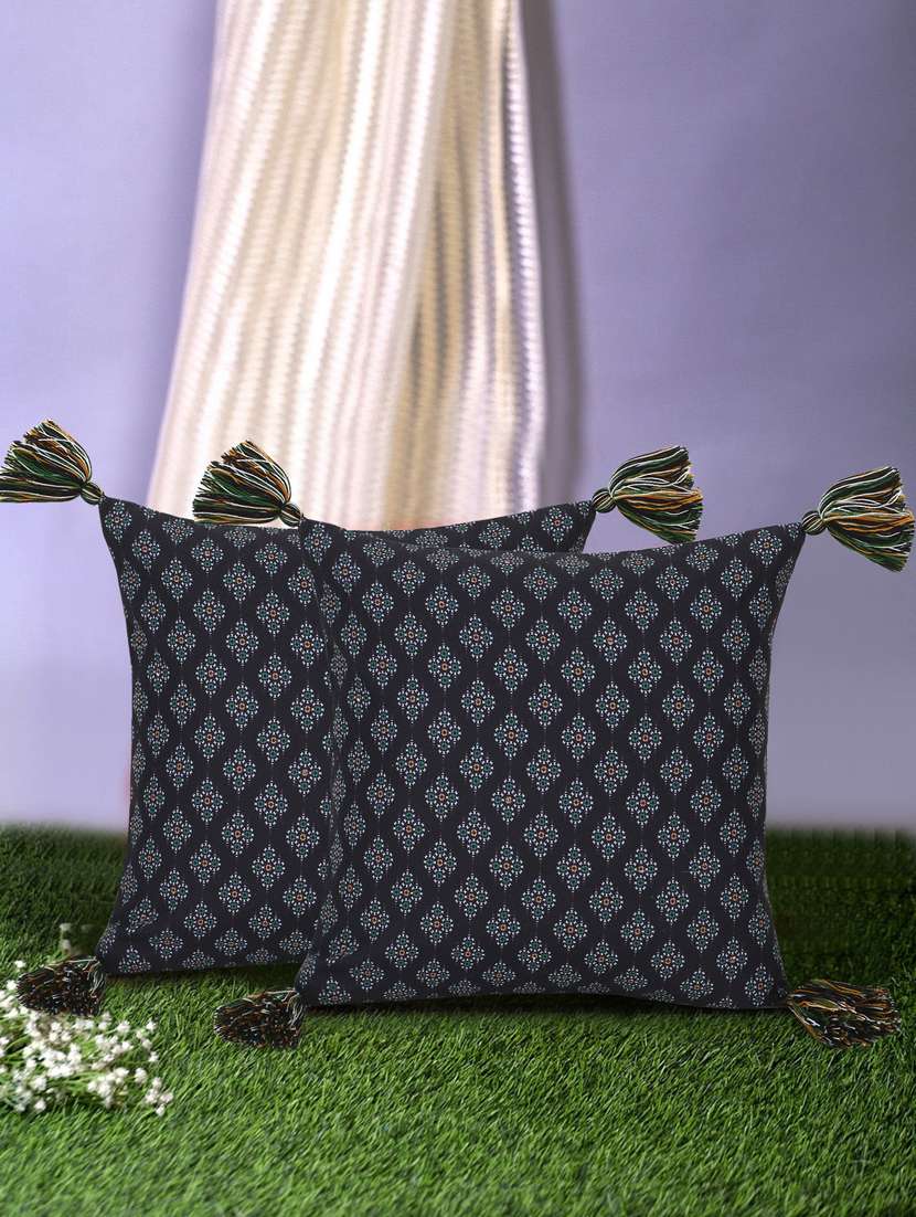 mezposh chintz black & multi color polycotton ethnic motifs digital printed cushion covers with tassels (16x16 inch) set of 2