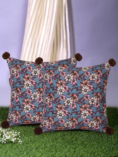 mezposh chintz grey & multi color polycotton floral digital printed cushion covers with pom poms (16x16 inch) set of 2 - 18207933 -  Standard Image - 0