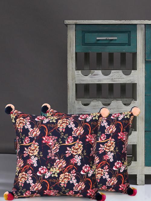 mezposh chintz navy & multi color polycotton floral digital printed cushion covers with pom poms (16x16 inch) set of 2 - 18207934 - Standard Image - 0