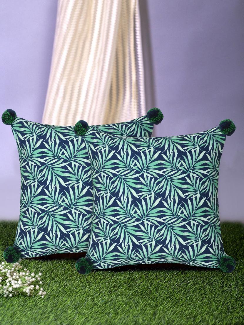 mezposh chintz green & navy color polycotton botanical digital printed cushion covers with pom poms (16x16 inch) set of 2 - 18207935 - Zoom Image - 0