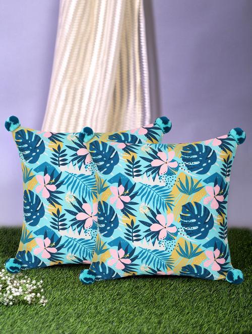 mezposh chintz turquoise & multi color polycotton botanical digital printed cushion covers with pom poms (16x16 inch) set of 2 - 18207936 - Standard Image - 0