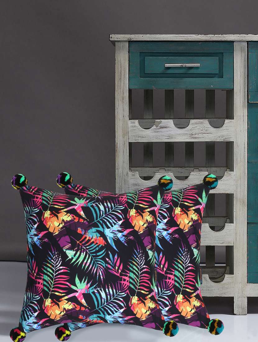 mezposh chintz black & multi color polycotton botanical digital printed cushion covers with pom poms (16x16 inch) set of 2