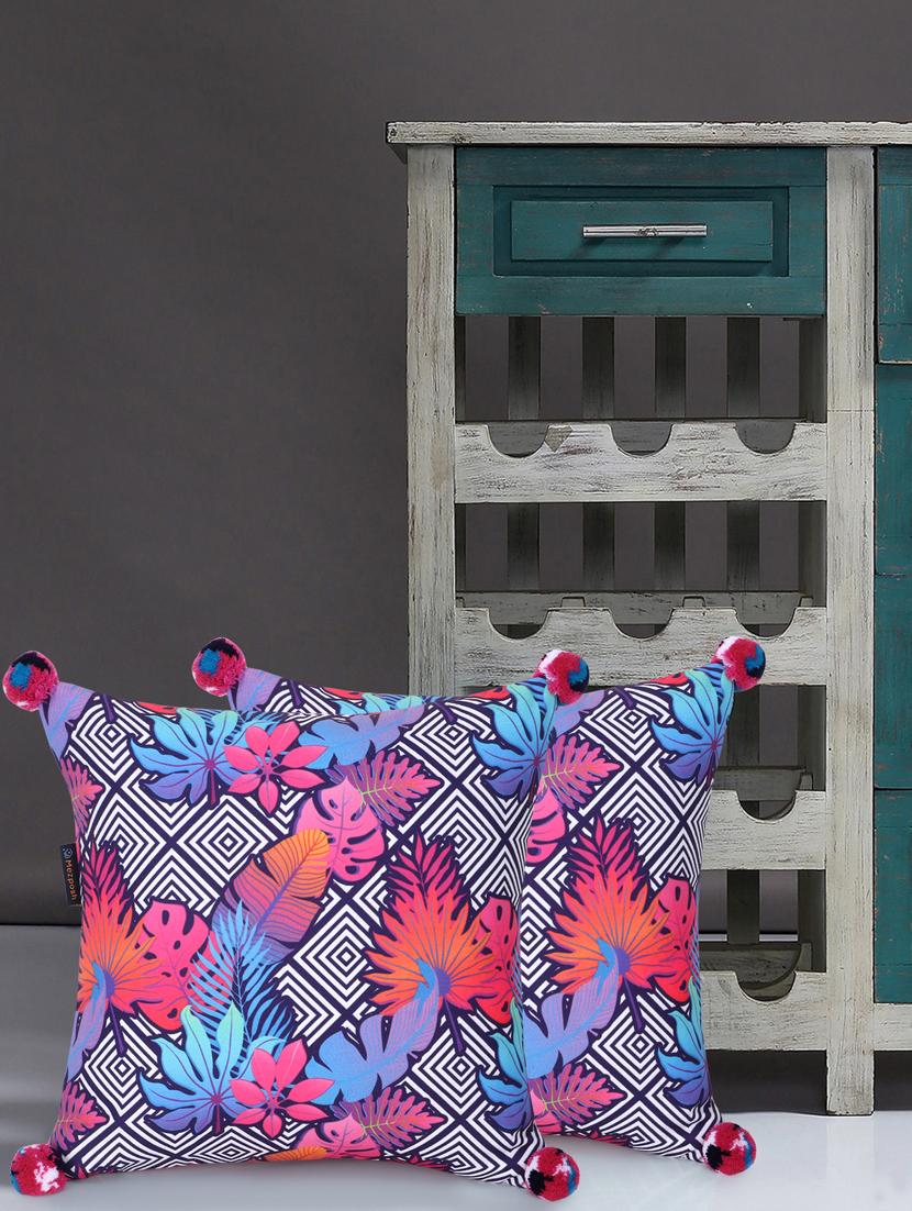 mezposh chintz pink & multi color polycotton quirky digital printed cushion covers with pom poms (16x16 inch) set of 2