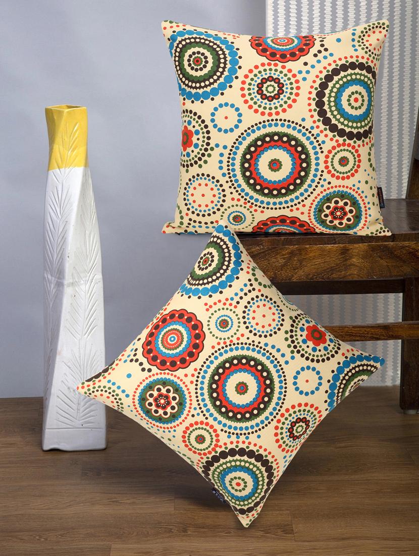 mezposh nomad light yellow & multi color cotton canvas mandala printed floor cushion covers (20x20 inch) set of 2