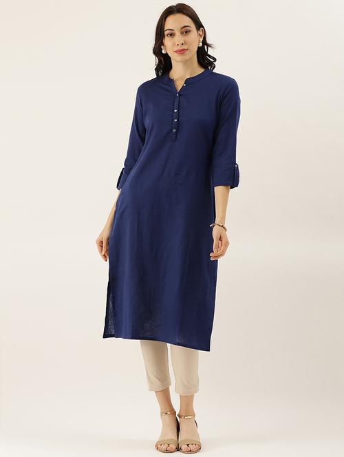 blue cotton straight kurta - 18208434 - Standard Image - 0