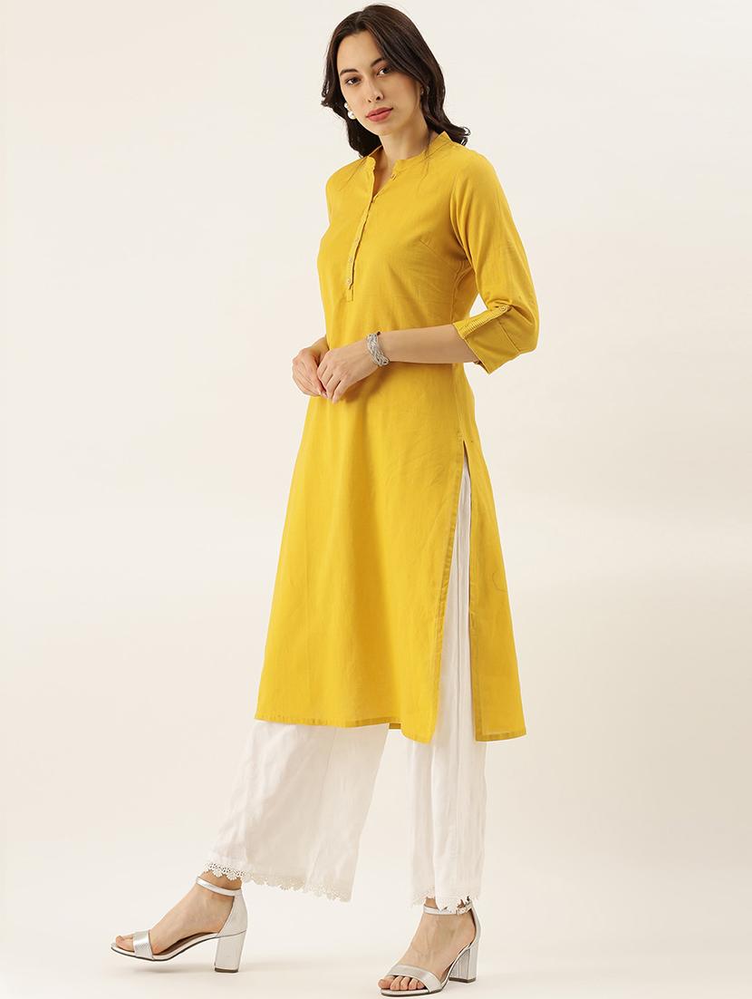 yellow cotton straight kurta - 18208437 - Standard Image - 1