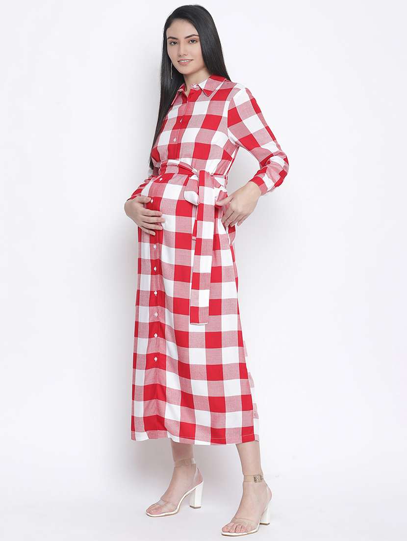 women long sleeves checkered maternity wear dress - 18210691 -  Standard Image - 1