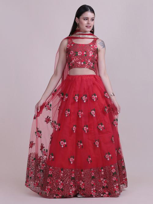 red silk flared lehenga - 18210832 - Standard Image - 0