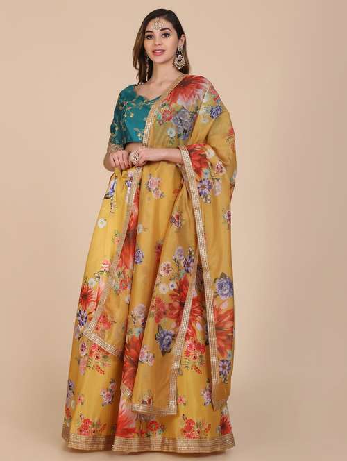 yellow silk flared lehenga