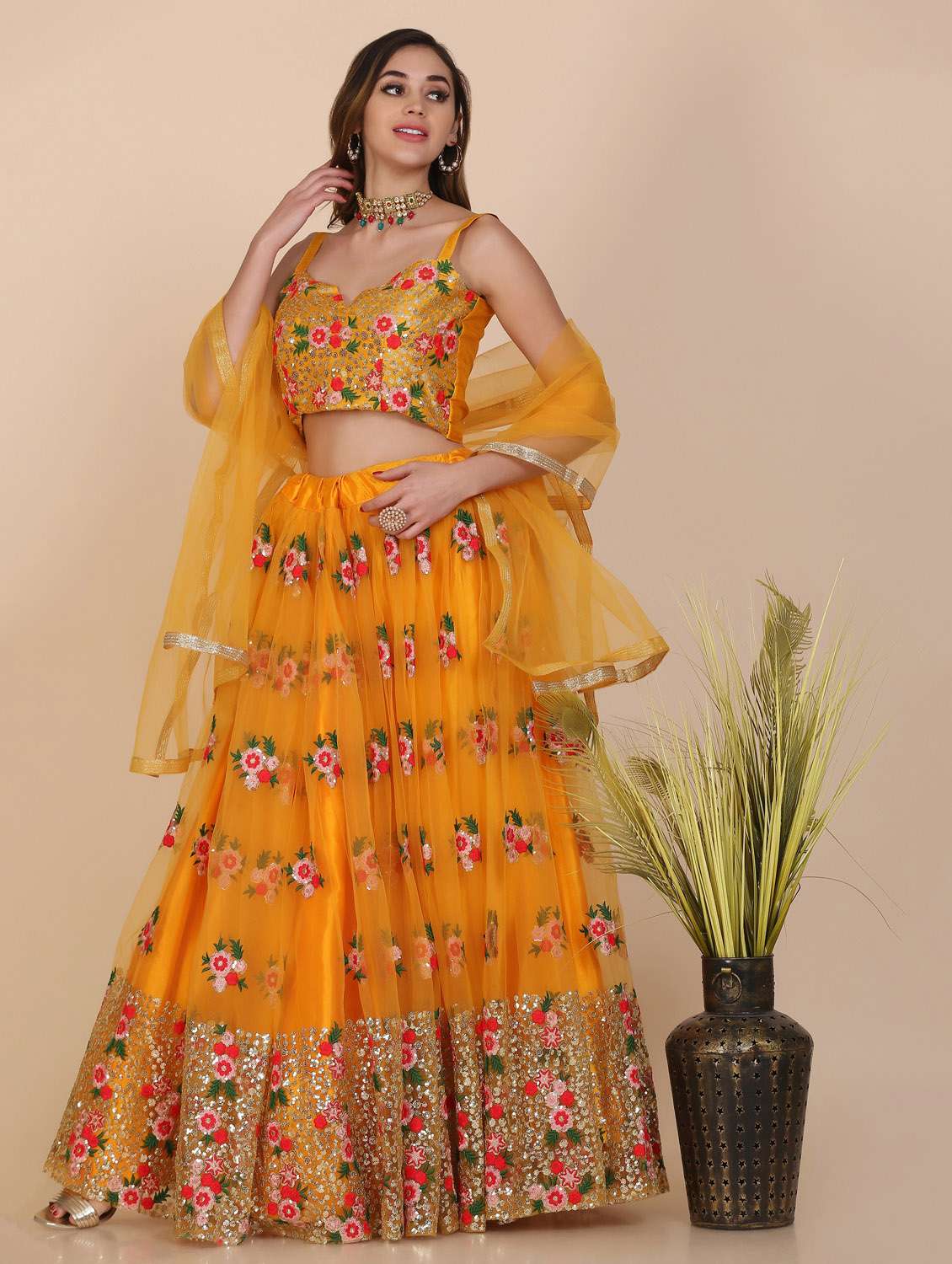 Mustard Net Flared Lehenga
