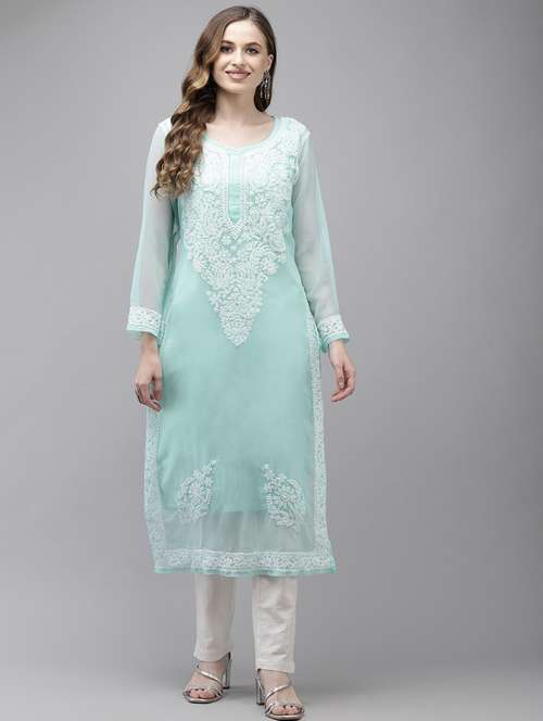 ada hand embroidered turquoise blue georgette lucknow chikankari kurta with slip - 18210851 - Standard Image - 0