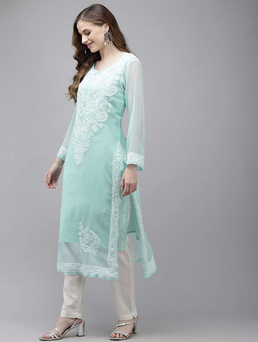 ada hand embroidered turquoise blue georgette lucknow chikankari kurta with slip - 18210851 -  Standard Image - 1