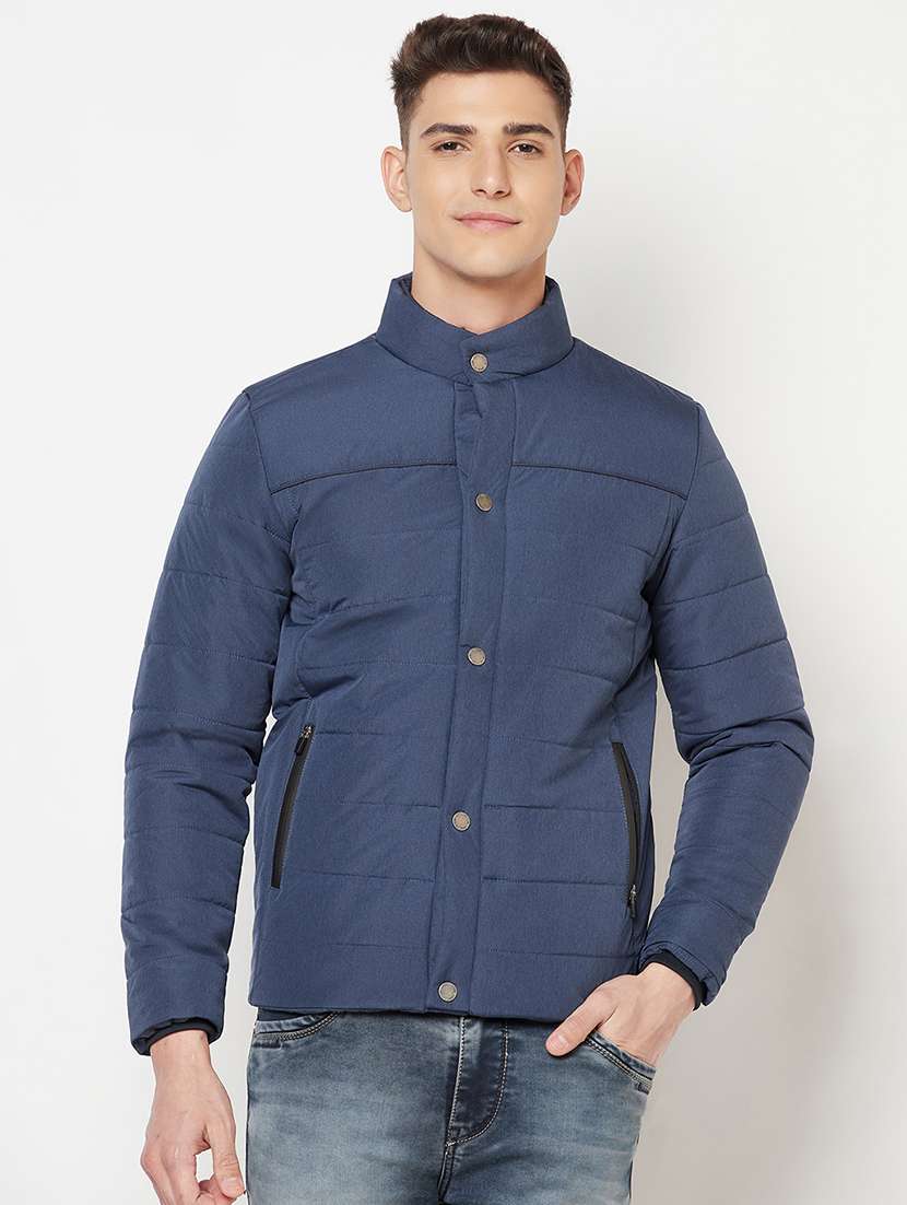 men blue solid long sleevequilted jacket