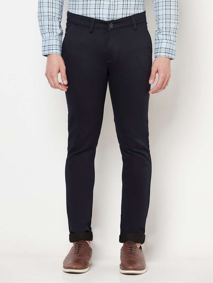 navy blue solid chinos casual trouser