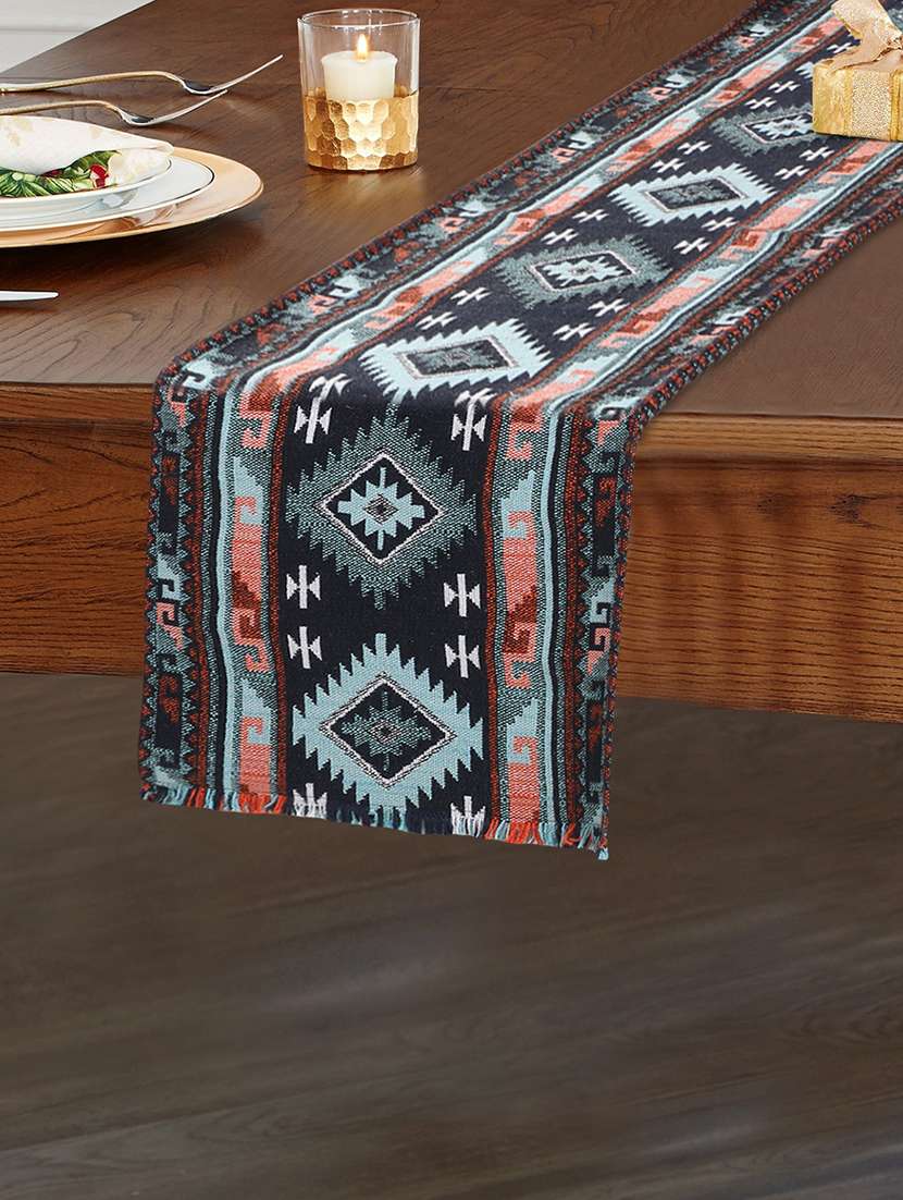 mezposh tribal blue & multi polycotton  jacquard 4 seater geometric table runner with textured (140x40 cm)