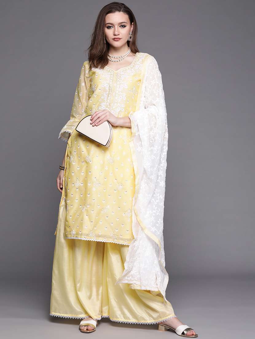 yellow chanderi kurta sharara  set