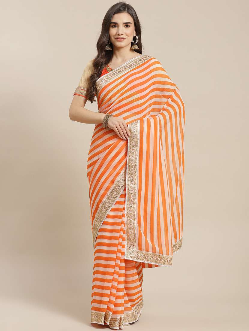 women's stripes orange colored saree with blouse