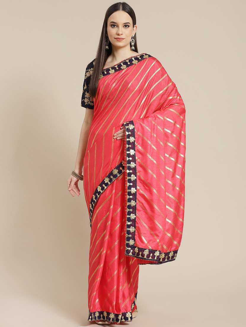 women's bordered royal blue colored saree with blouse