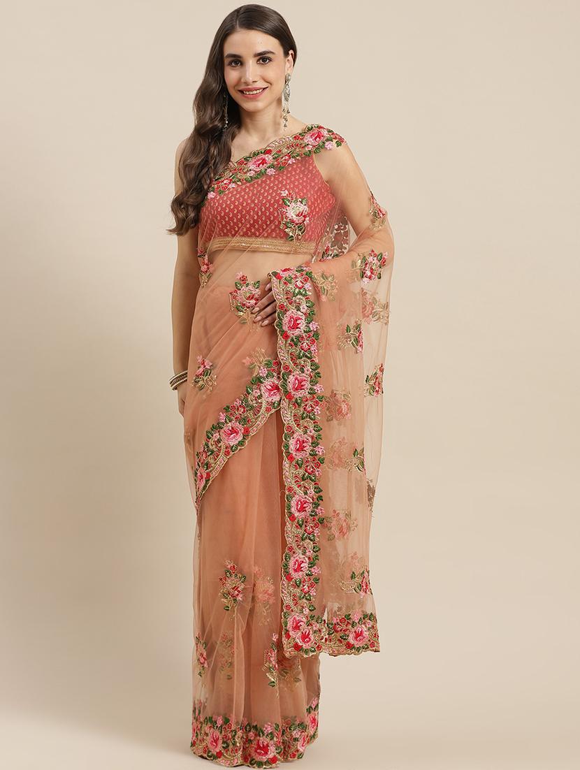 pink net embroidered saree with blouse