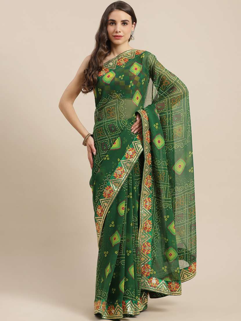 women's self design dark green colored saree with blouse