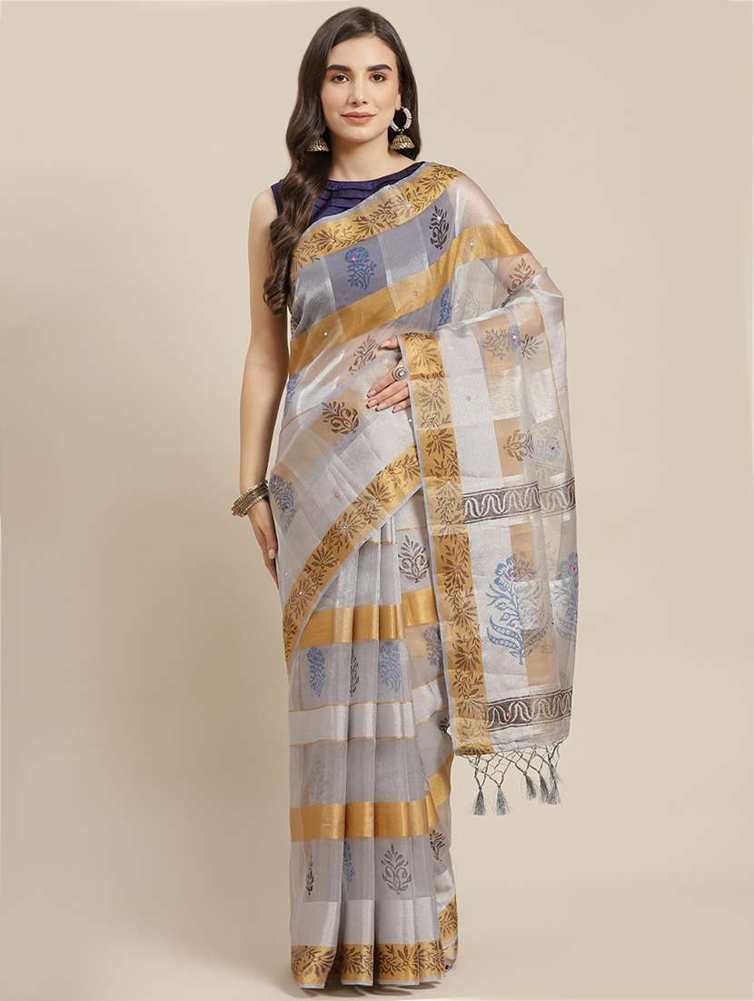women's floral grey colored saree with blouse